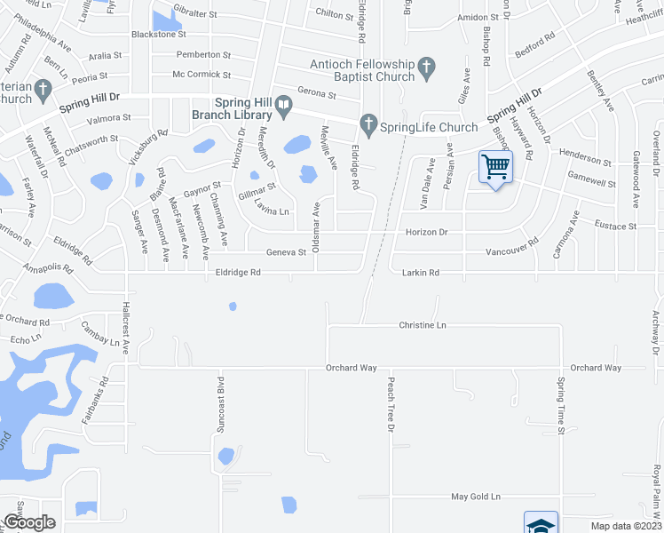 map of restaurants, bars, coffee shops, grocery stores, and more near 9265 Eldridge Road in Spring Hill