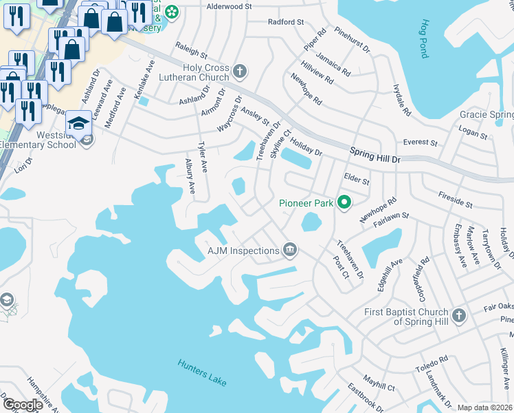 map of restaurants, bars, coffee shops, grocery stores, and more near 6251 Skyline Court in Spring Hill