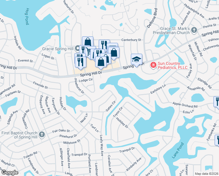 map of restaurants, bars, coffee shops, grocery stores, and more near 7590 Gates Circle in Spring Hill