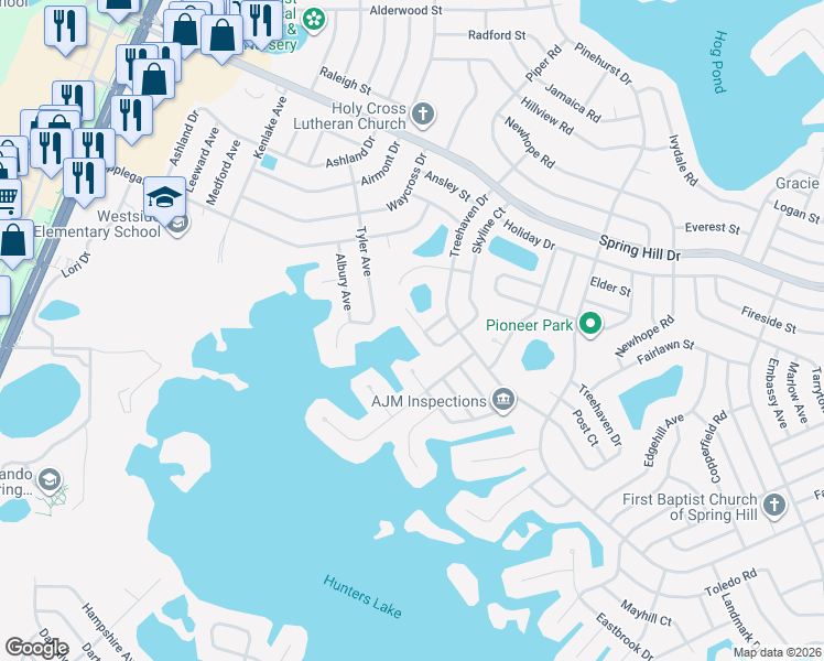 map of restaurants, bars, coffee shops, grocery stores, and more near 6180 Skyline Court in Spring Hill