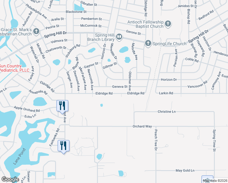 map of restaurants, bars, coffee shops, grocery stores, and more near 9181 Eldridge Road in Spring Hill
