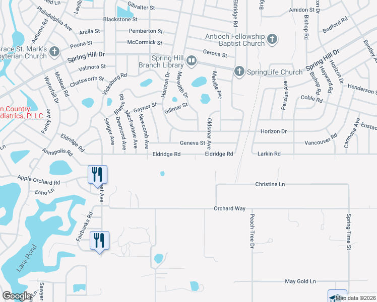 map of restaurants, bars, coffee shops, grocery stores, and more near 9181 Eldridge Road in Spring Hill