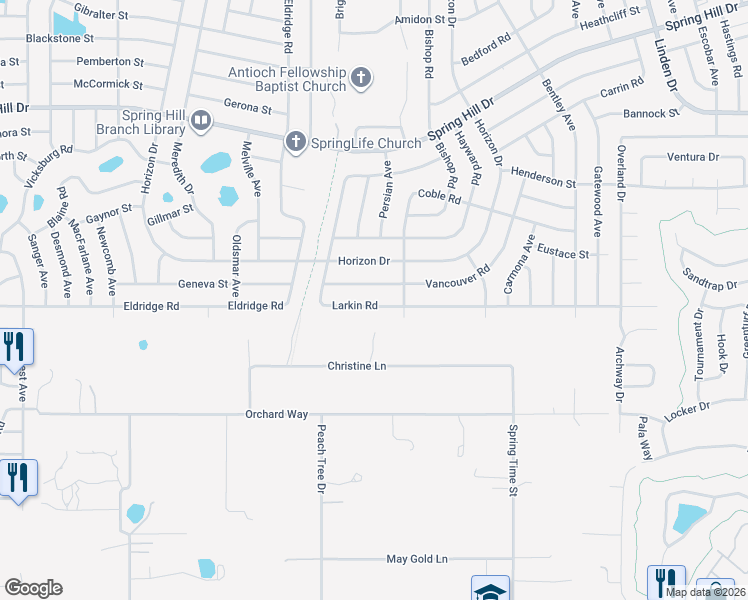 map of restaurants, bars, coffee shops, grocery stores, and more near 1430 Larkin Road in Spring Hill