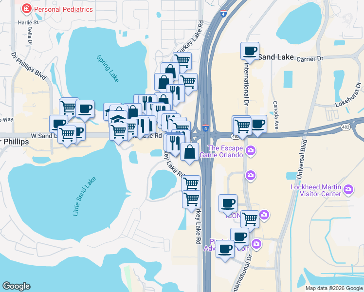 map of restaurants, bars, coffee shops, grocery stores, and more near 6410 Sand Lake Sound Road in Orlando