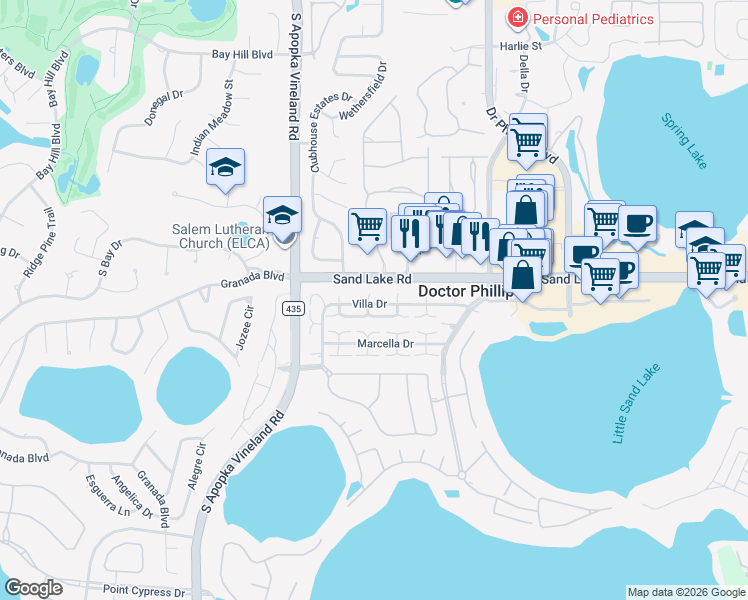 map of restaurants, bars, coffee shops, grocery stores, and more near 8051 Cadiz Court in Orlando