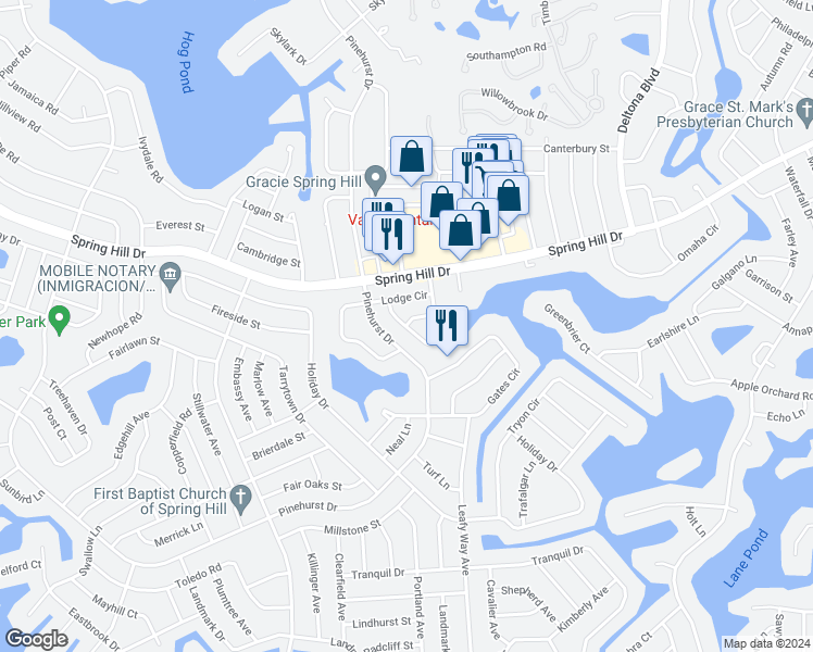 map of restaurants, bars, coffee shops, grocery stores, and more near 7301 Acorn Circle in Spring Hill