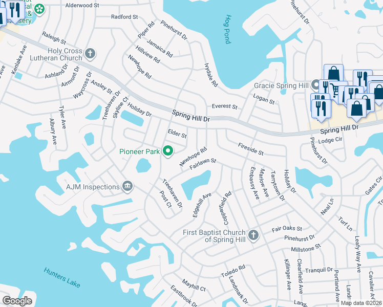 map of restaurants, bars, coffee shops, grocery stores, and more near 1159 Newhope Road in Spring Hill