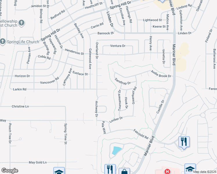 map of restaurants, bars, coffee shops, grocery stores, and more near 1050 Larkin Road in Spring Hill