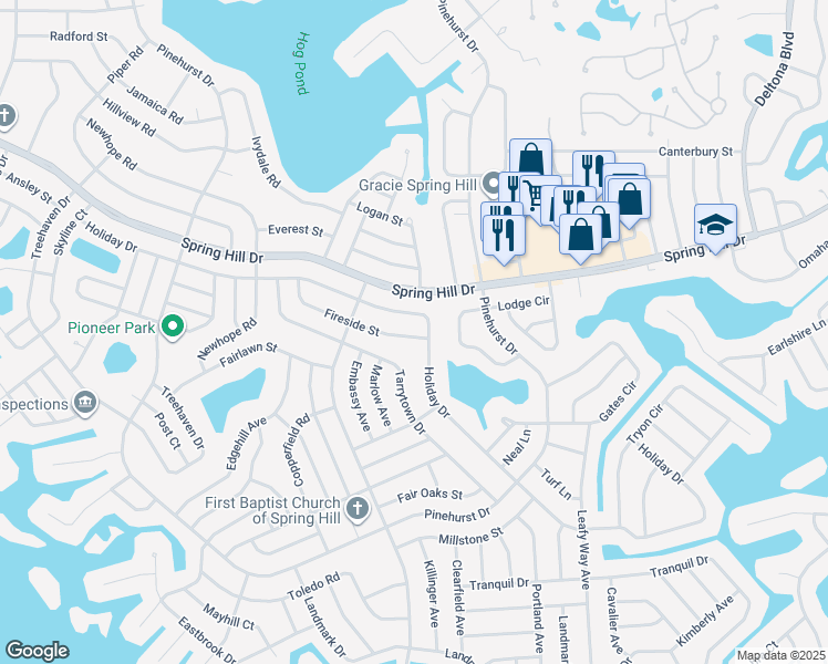 map of restaurants, bars, coffee shops, grocery stores, and more near 7213 Fireside Street in Spring Hill