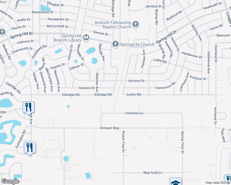 map of restaurants, bars, coffee shops, grocery stores, and more near 9322 Eldridge Road in Spring Hill