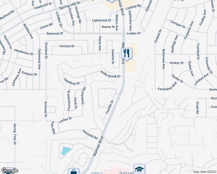 map of restaurants, bars, coffee shops, grocery stores, and more near 10499 Casa Grande Circle in Spring Hill