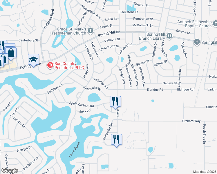 map of restaurants, bars, coffee shops, grocery stores, and more near 8425 Eldridge Road in Spring Hill