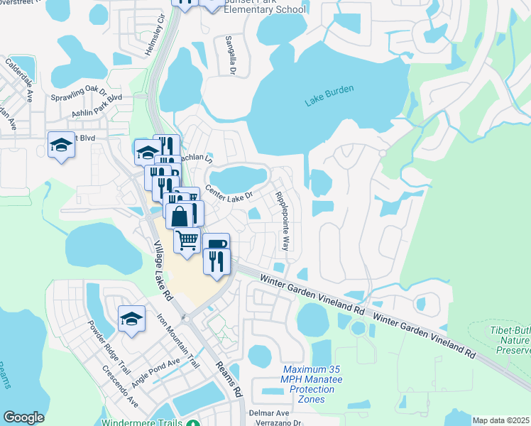 map of restaurants, bars, coffee shops, grocery stores, and more near 7468 Leighside Drive in Windermere