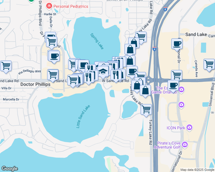 map of restaurants, bars, coffee shops, grocery stores, and more near 7380 West Sand Lake Road in Orlando