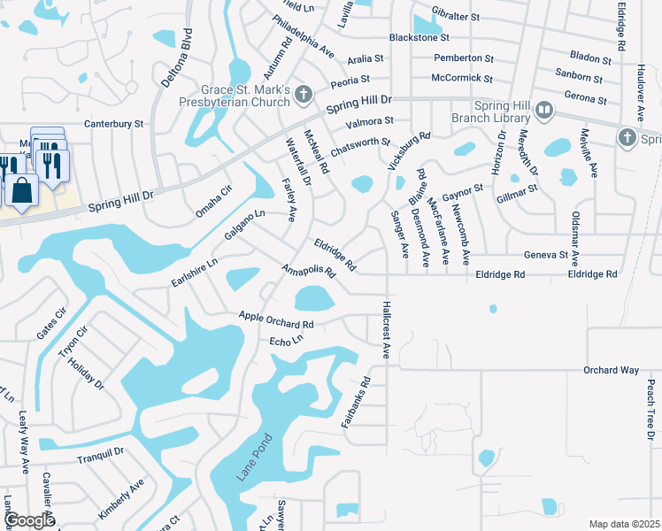 map of restaurants, bars, coffee shops, grocery stores, and more near 8388 Annapolis Road in Spring Hill