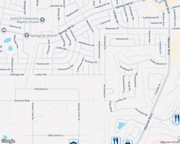 map of restaurants, bars, coffee shops, grocery stores, and more near 1115 Alloway Avenue in Spring Hill