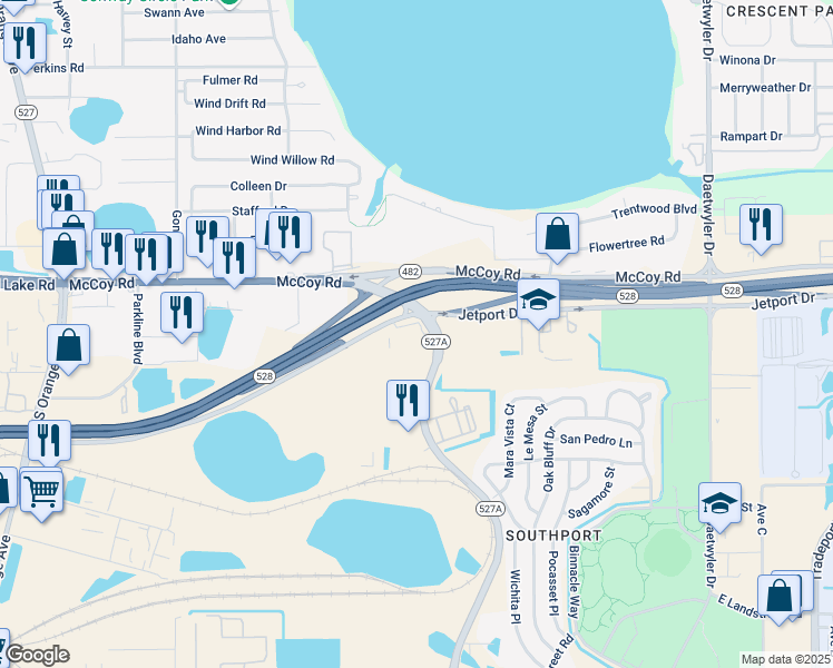 map of restaurants, bars, coffee shops, grocery stores, and more near 2480 Jetport Drive in Orlando