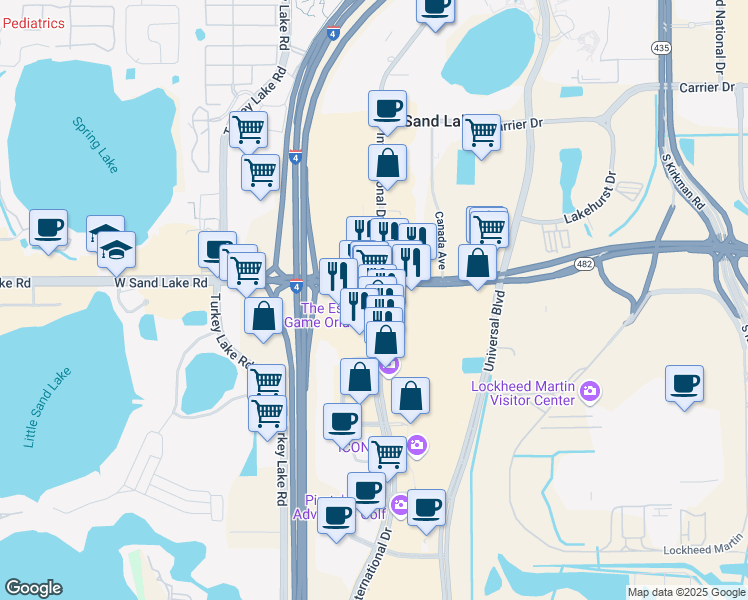 map of restaurants, bars, coffee shops, grocery stores, and more near 124 International Drive in Orlando