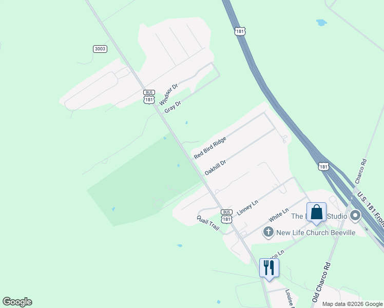 map of restaurants, bars, coffee shops, grocery stores, and more near 113 Red Bird Ridge in Beeville