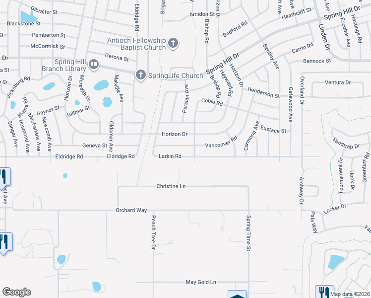 map of restaurants, bars, coffee shops, grocery stores, and more near 1430 Larkin Road in Spring Hill