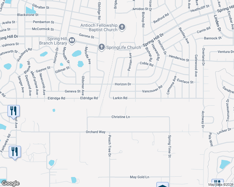 map of restaurants, bars, coffee shops, grocery stores, and more near 1478 Larkin Road in Spring Hill