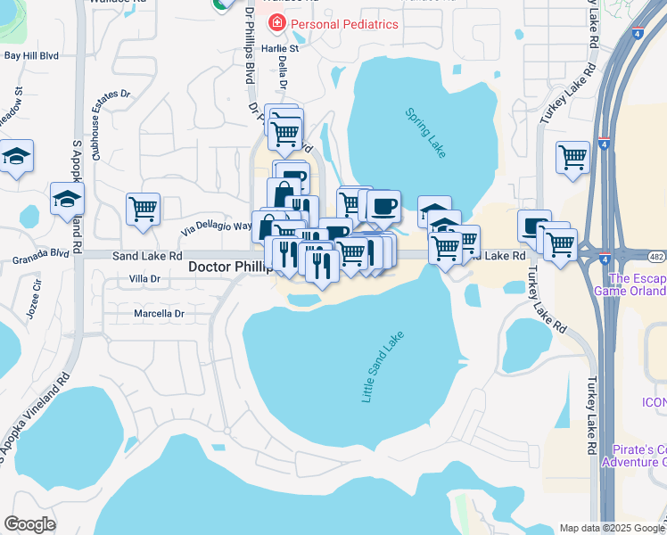 map of restaurants, bars, coffee shops, grocery stores, and more near 7650 West Sand Lake Road in Orlando