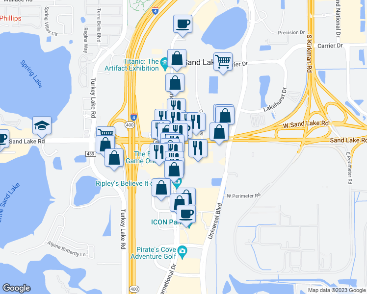 map of restaurants, bars, coffee shops, grocery stores, and more near 8013 International Drive in Orlando