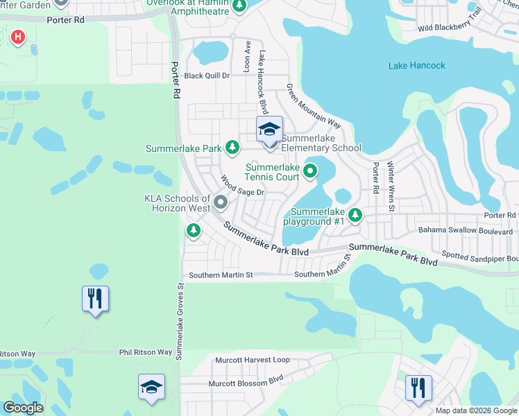 map of restaurants, bars, coffee shops, grocery stores, and more near 8130 Red Stopper Lane in Winter Garden