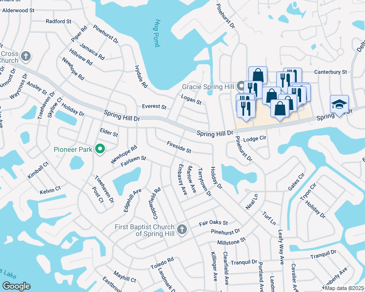 map of restaurants, bars, coffee shops, grocery stores, and more near 7145 Fireside Street in Spring Hill