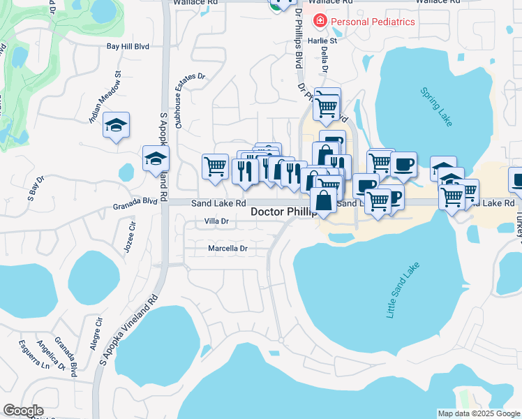 map of restaurants, bars, coffee shops, grocery stores, and more near 7860 Villa Drive in Orlando