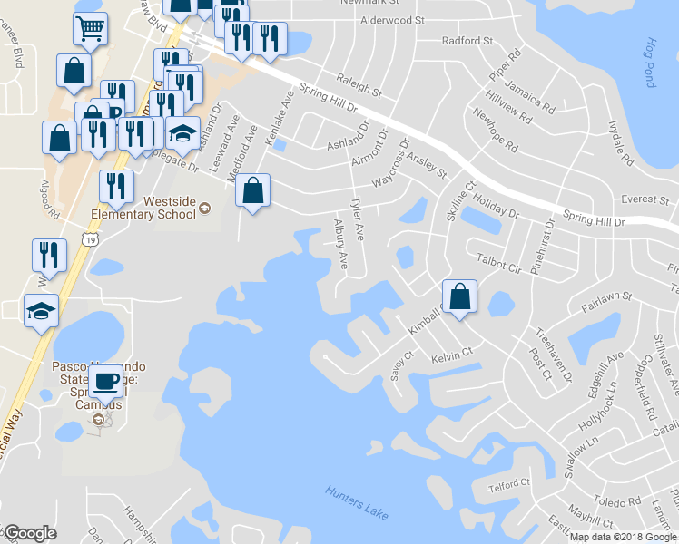 map of restaurants, bars, coffee shops, grocery stores, and more near 1167 Albury Avenue in Spring Hill