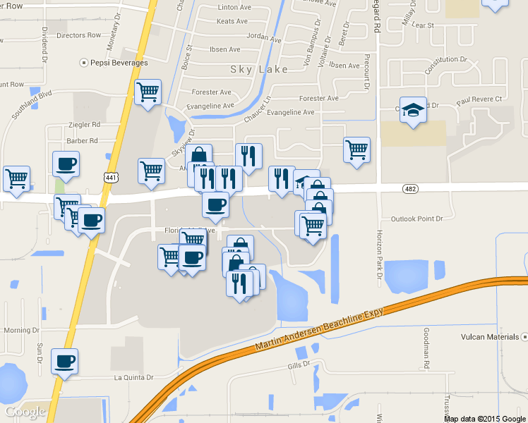map of restaurants, bars, coffee shops, grocery stores, and more near 880 Sand Lake Road in Orlando