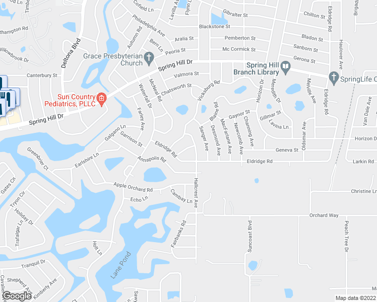 map of restaurants, bars, coffee shops, grocery stores, and more near 8438 Omega Lane in Spring Hill