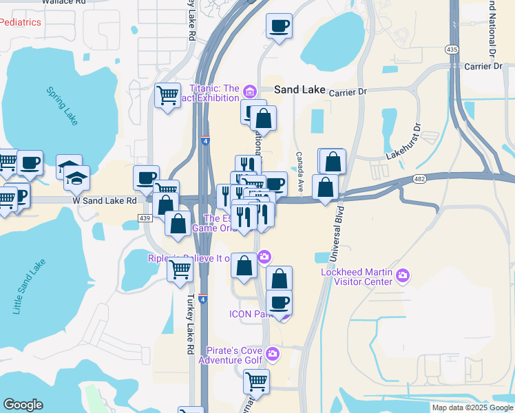 map of restaurants, bars, coffee shops, grocery stores, and more near 124 International Drive in Orlando