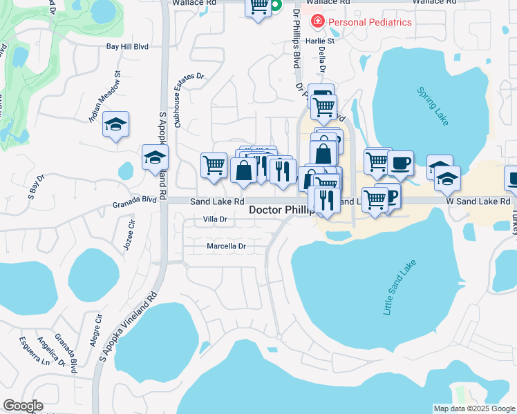 map of restaurants, bars, coffee shops, grocery stores, and more near 7860 Villa Drive in Orlando
