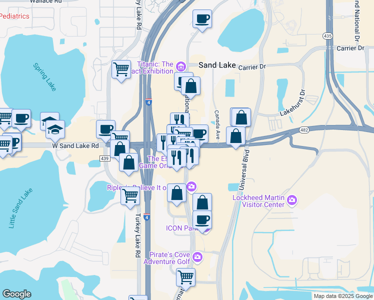 map of restaurants, bars, coffee shops, grocery stores, and more near 8013 International Drive in Orlando
