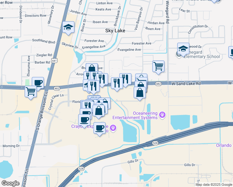 map of restaurants, bars, coffee shops, grocery stores, and more near 880 Sand Lake Road in Orlando