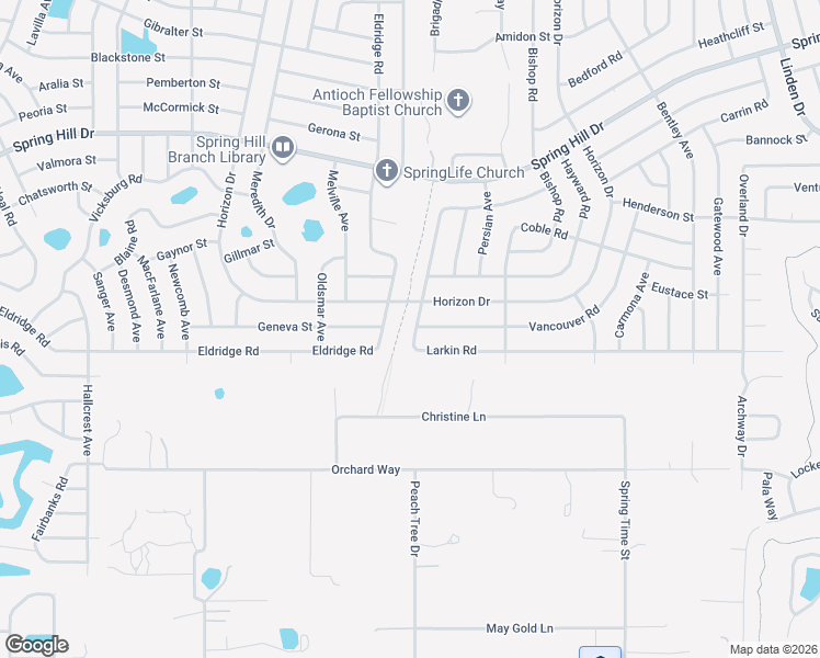 map of restaurants, bars, coffee shops, grocery stores, and more near 9322 Eldridge Road in Spring Hill