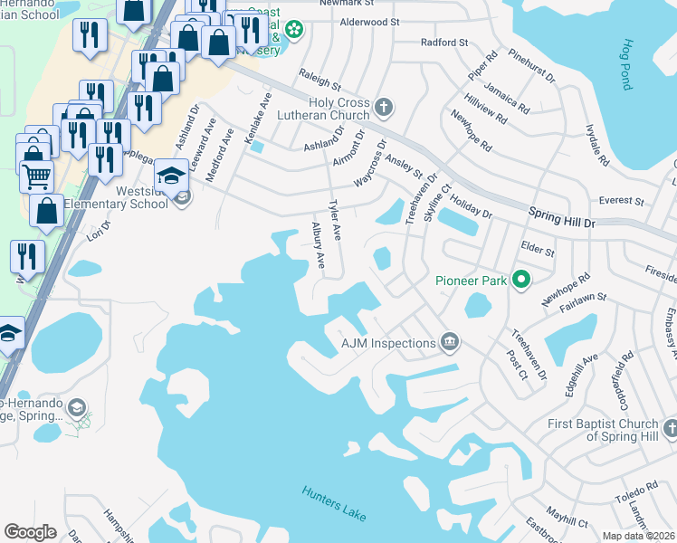map of restaurants, bars, coffee shops, grocery stores, and more near 1172 Tyler Avenue in Spring Hill