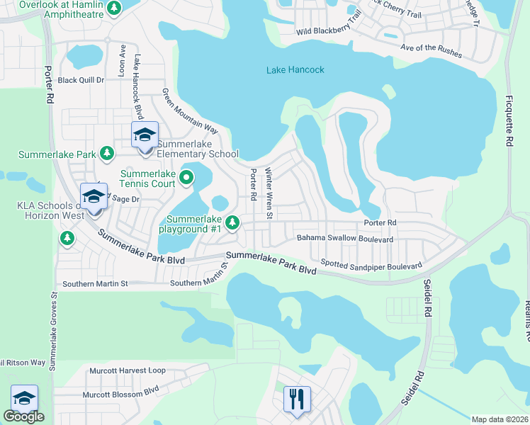 map of restaurants, bars, coffee shops, grocery stores, and more near 14859 Bahama Swallow Boulevard in Winter Garden
