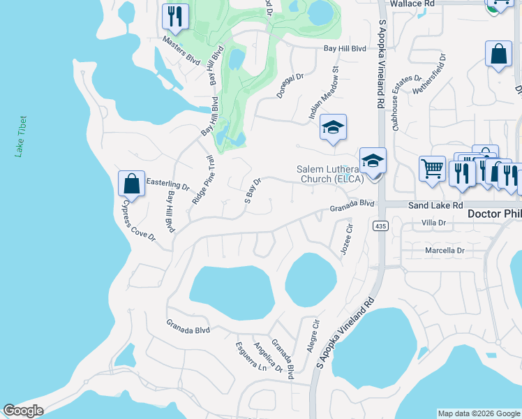 map of restaurants, bars, coffee shops, grocery stores, and more near 7949 South Park Place in Orlando