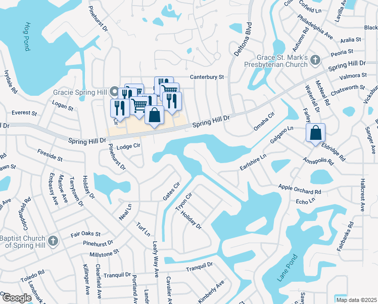 map of restaurants, bars, coffee shops, grocery stores, and more near 7996 Greenbrier Court in Spring Hill