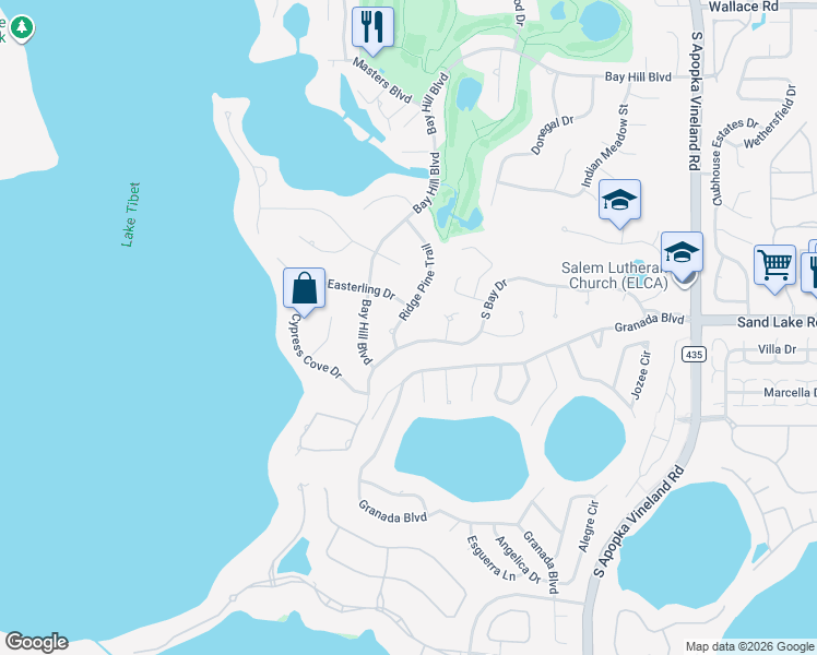 map of restaurants, bars, coffee shops, grocery stores, and more near 9108 South Bay Drive in Orlando
