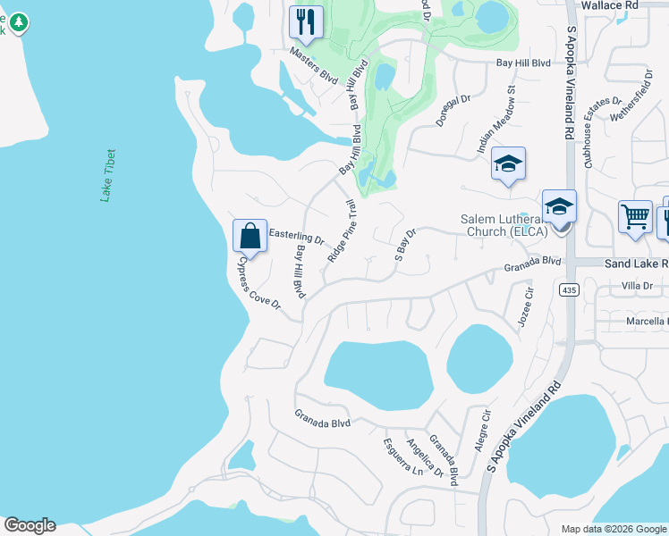 map of restaurants, bars, coffee shops, grocery stores, and more near 9108 South Bay Drive in Orlando
