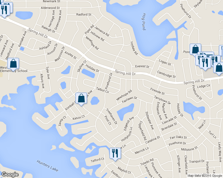 map of restaurants, bars, coffee shops, grocery stores, and more near 6404 Ryan Street in Spring Hill