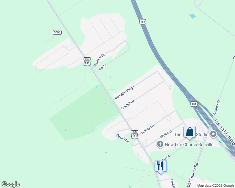 map of restaurants, bars, coffee shops, grocery stores, and more near 113 Red Bird Ridge in Beeville