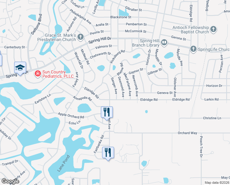 map of restaurants, bars, coffee shops, grocery stores, and more near 1123 Desmond Avenue in Spring Hill