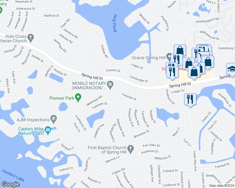 map of restaurants, bars, coffee shops, grocery stores, and more near 7090 Fireside Street in Spring Hill