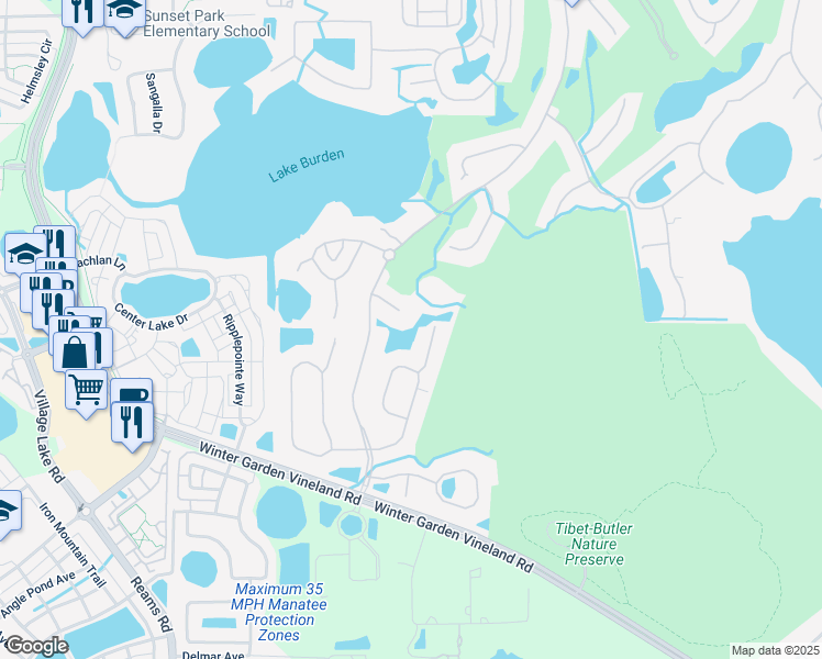 map of restaurants, bars, coffee shops, grocery stores, and more near 8345 Tibet Butler Drive in Windermere