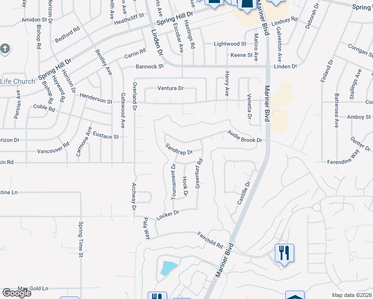 map of restaurants, bars, coffee shops, grocery stores, and more near 10403 Sandtrap Drive in Spring Hill